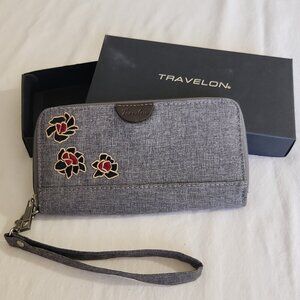 Travelon Women Gray Floral Embroidered Zip Round Safe ID Wallet/Wristlet Travel